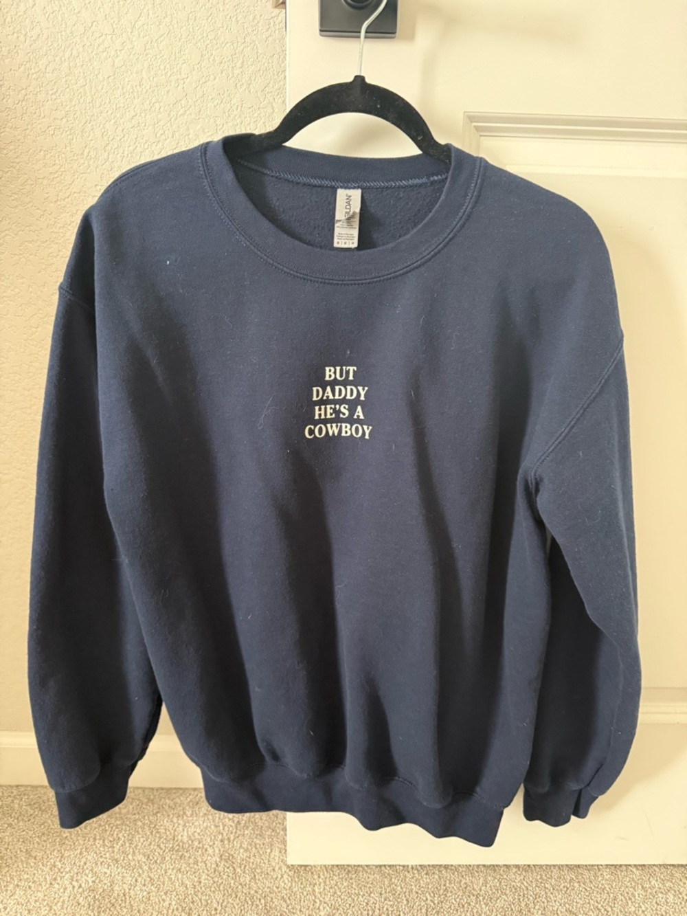 Men's Navy Crewneck Sweatshirt with 'But Daddy He's A Cowboy' Graphic